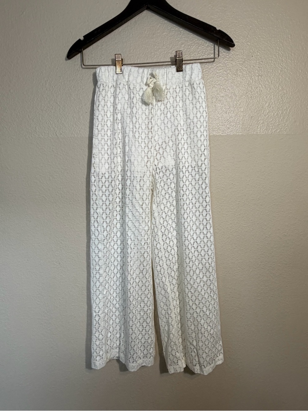 Mayoral Girls 10 White Crochet Wide-Leg Pants with Drawstring